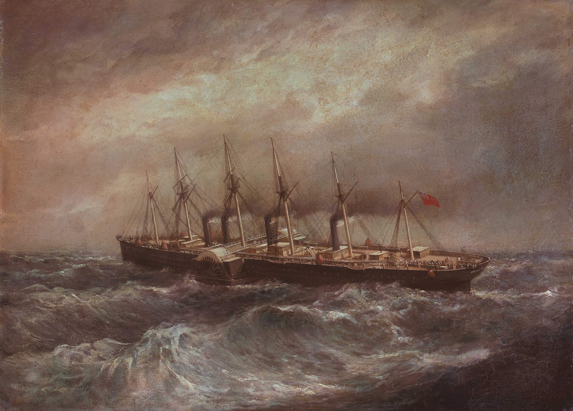 The Great Eastern laying the first successful Atlantic cable (oil painting, National Maritime Museum, public domain). The link that charged $10 a word — and taught a generation of correspondents to write in cablese.