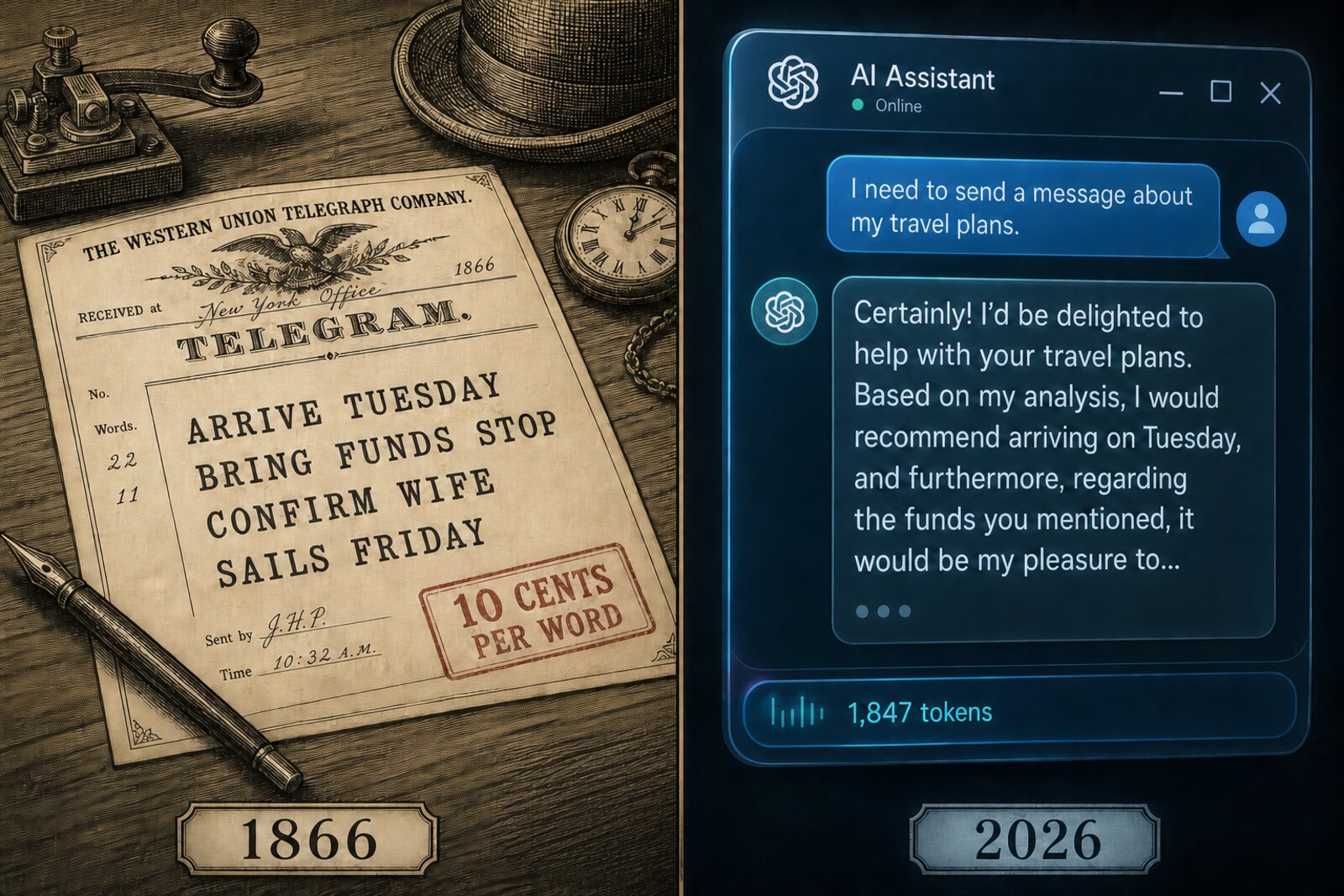 Same information, 160 years apart: 11 words at 10 cents each vs. 1,847 tokens of &ldquo;you&rsquo;re absolutely right&rdquo;